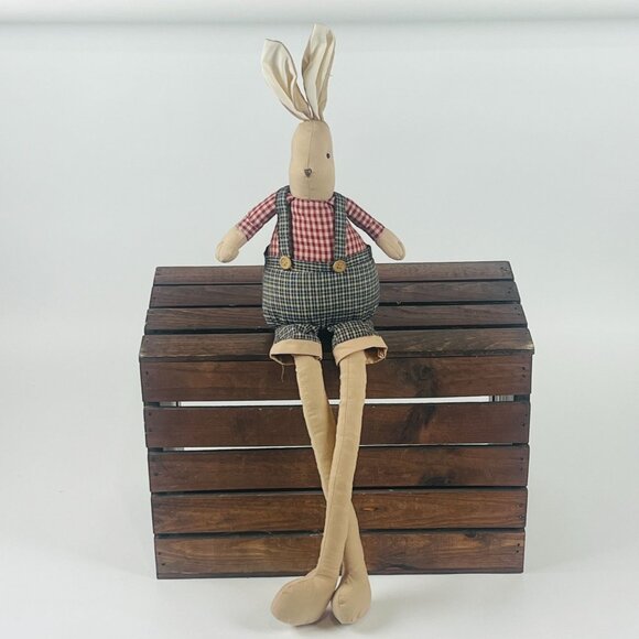 Vintage Style Fabric Bunny Doll With Long Legs & Country Plaid Outfit - Picture 2 of 8